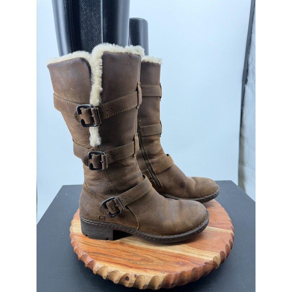 Born tawny Tall Shearling Lined Boots Women 6.5 Brown Leather Buckle Moto Boot
